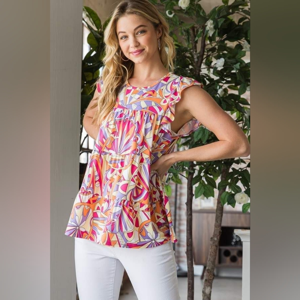 Abstract Print Butterfly Sleeve Multi-color Pink Purple Tiered New with tags